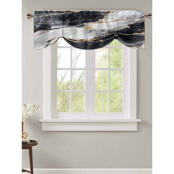 Tie Up Valance Curtain for Kitchen,Abstract Marble Texture Rod Pocket Short Curtains Adjustable Tie-Up Shade Valances,Modern Black White Gold Stone Art Window Treatment for Bathroom Living Room