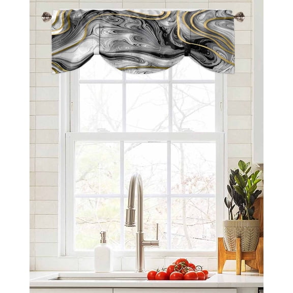 Tie Up Valance Curtain for Kitchen,Abstract Marble Texture Rod Pocket Short Curtains Adjustable Tie-Up Shade Valances,Modern Grey Gold Fluid Style Window Treatment for Bathroom Living Room Bedroom
