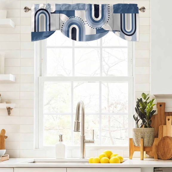 Tie Up Valance Curtain for Kitchen,Abstract Mid Century Half Circle Rod Pocket Short Curtains Adjustable Tie-Up Shade Valances,Blue Gradient Stripes Window Treatment for Bathroom Living Room
