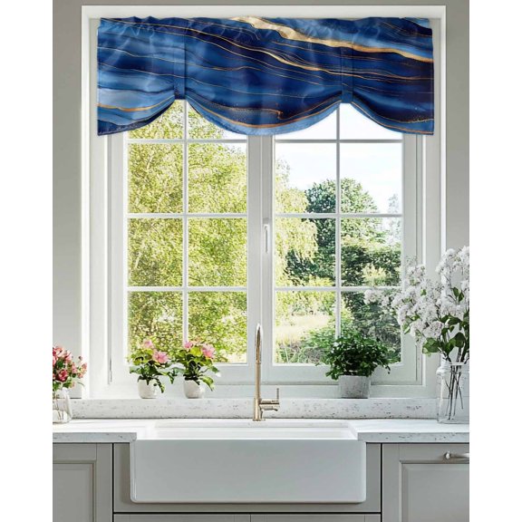 Tie Up Valance Curtain for Kitchen,Abstract Navy Blue Marble Texture Rod Pocket Short Curtains Adjustable Tie-Up Shade Valances,Stone with Gold Stripe Window Treatment for Bathroom Living Room