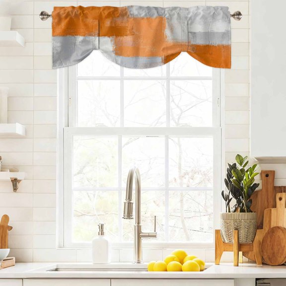 Tie Up Valance Curtain for Kitchen,Abstract Orange Gray Color Block Rod Pocket Short Curtains Adjustable Tie-Up Shade Valances,Modern Oil Painting Texture Window Treatment for Bathroom Living Room