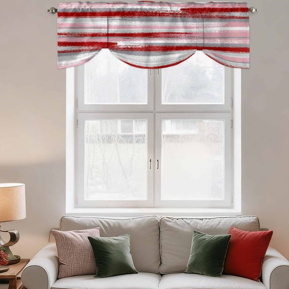 Tie Up Valance Curtain for Kitchen,Abstract Red Gray Stripes Rod Pocket Short Curtains Adjustable Tie-Up Shade Valances,Gradient Geometric Seamless Window Treatment for Bathroom Living Room Bedroom