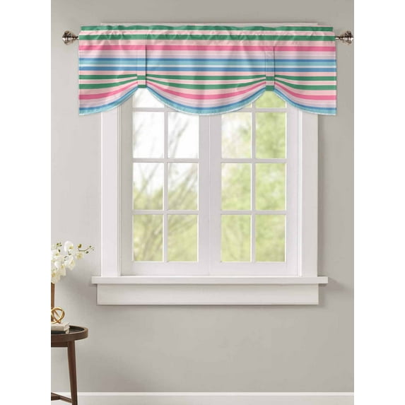 Tie Up Valance Curtain for Kitchen,Abstract Watercolor Vertical Lines Rod Pocket Short Curtains Adjustable Tie-Up Shade Valances,Pink Green Blue Stripes Window Treatment for Bathroom Living Room