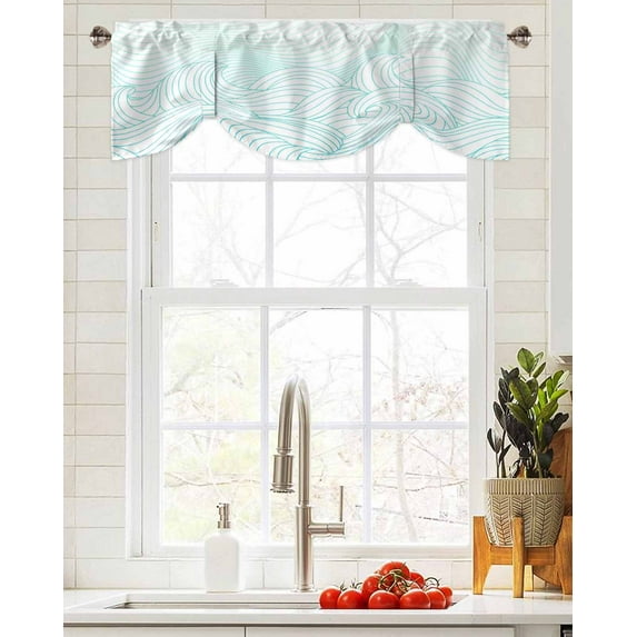 Tie Up Valance Curtain for Kitchen, Aesthetic Curve Lines Mountain Rod Pocket Short Curtains Adjustable Tie-Up Shade Valances, Abstract Minimalist Line Art Window Treatment for Bathroom Living Room Bedroom