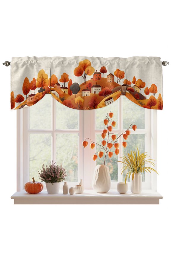 Tie Up Valance Curtain for Kitchen, Autumn Orange Tree Mountain Farm House Rod Pocket Short Curtains Adjustable Tie-Up Shade Valances, Retro Linen Window Treatment for Bedroom Bathroom 42x12in