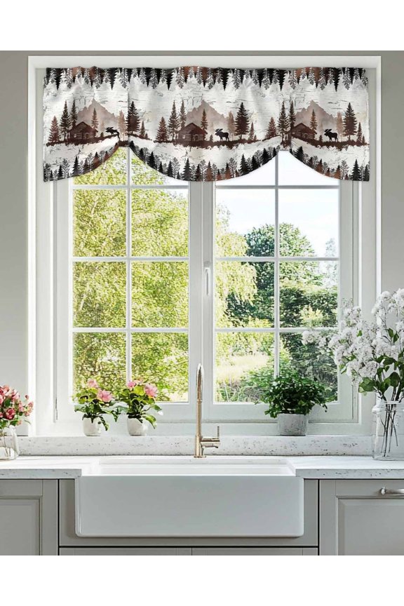 Tie Up Valance Curtain for Kitchen, Black Deer Forest Wooden House Rod Pocket Short Curtains Adjustable Tie-Up Shade Valances, Abstract Mottled Texture Window Treatment for Bedroom Bathroom 42x12in