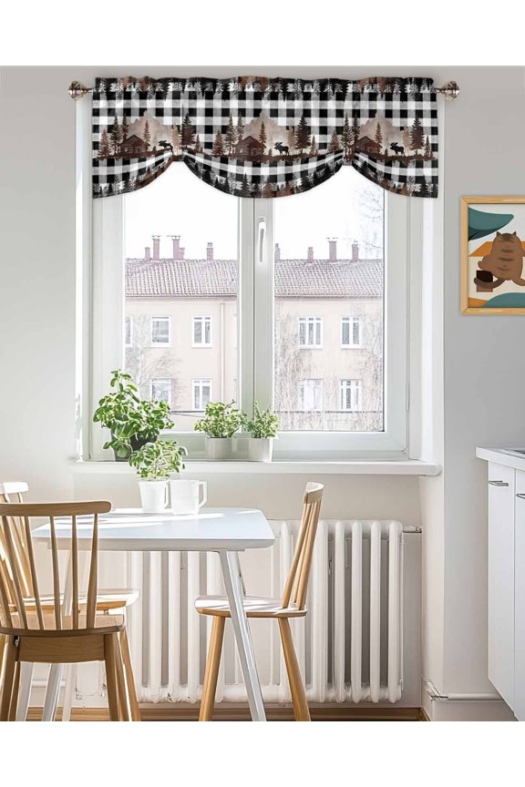 Tie Up Valance Curtain for Kitchen, Black Deer Forest Wooden House Rod Pocket Short Curtains Adjustable Tie-Up Shade Valances, Black White Buffalo Check Window Treatment for Bedroom Bathroom 42x18in