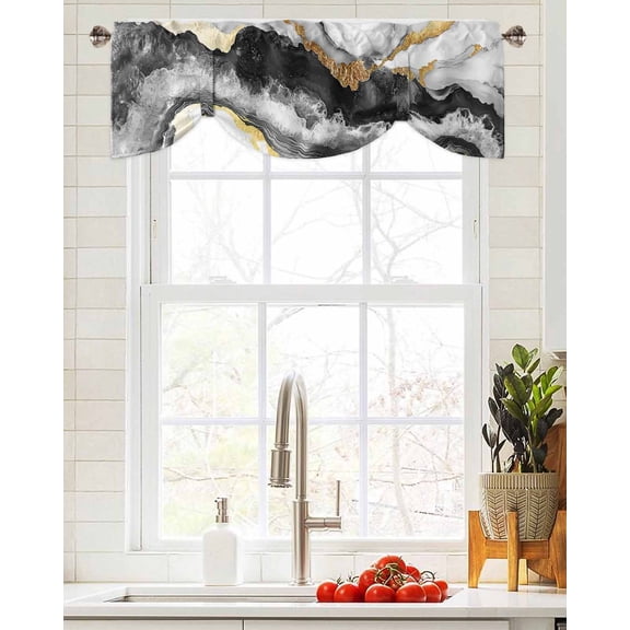Tie Up Valance Curtain for Kitchen,Black Gold Marble Texture Rod Pocket Short Curtains Adjustable Tie-Up Shade Valances,Abstract Modern Stone Style Window Treatment for Bathroom Living Room Bedroom