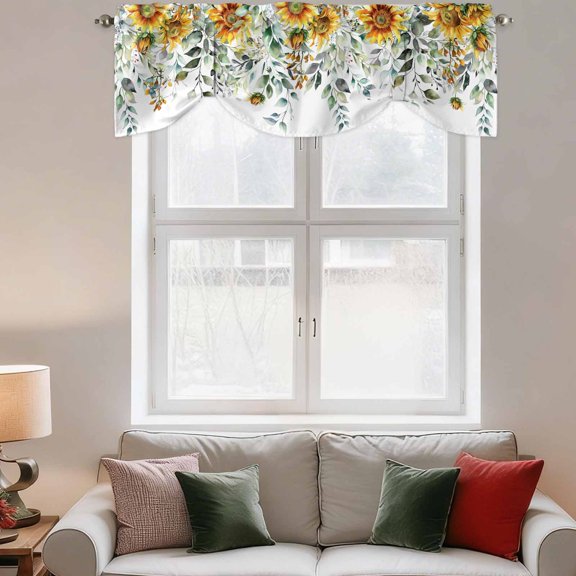 Tie Up Valance Curtain for Kitchen,Blossom Sunflower Watercolor Floral Rod Pocket Short Curtains Adjustable Tie-Up Shade Valances,Green Leaves on White Window Treatment for Bathroom Bedroom