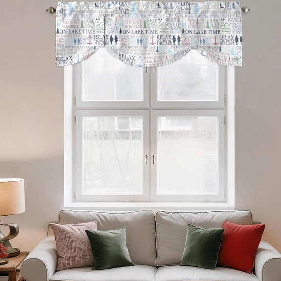 Tie Up Valance Curtain for Kitchen,Blue Anchor Paddle Sailboat Lighthouse Tree Rod Pocket Short Curtains Adjustable Tie-Up Shade Valances,Ocean Fish Window Treatment for Bathroom Living Room Bedroom