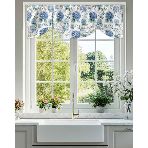 Tie Up Valance Curtain for Kitchen,Blue Flower Hydrangea Eucalyptus Leaf Rod Pocket Short Curtains Adjustable Tie-Up Shade Valances,Watercolor Floral Seamless Window Treatment for Living Room