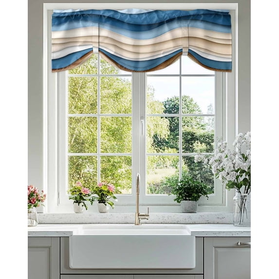 Tie Up Valance Curtain for Kitchen,Blue Gradient Water Ripple Rod Pocket Short Curtains Adjustable Tie-Up Shade Valances,Abstract Geometric Modern Art Window Treatment for Bathroom Living Room