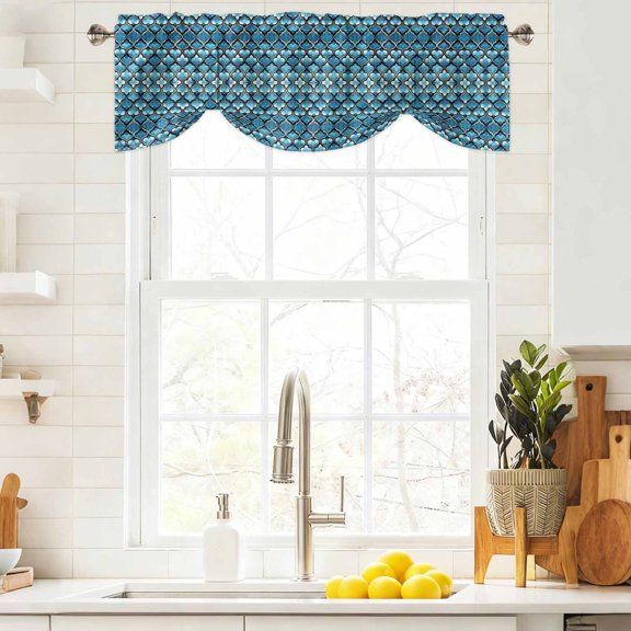 Tie Up Valance Curtain for Kitchen,Blue Moroccan Abstract Plaid Rod Pocket Short Curtains Adjustable Tie-Up Shade Valances,Watercolor Gradient Color Block Window Treatment for Bathroom Living Room