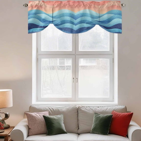 Tie Up Valance Curtain for Kitchen,Blue Peach Layered Ocean Waves Rod Pocket Short Curtains Adjustable Tie-Up Shade Valances,Gradient Striped Window Treatment for Bathroom Living Room Bedroom