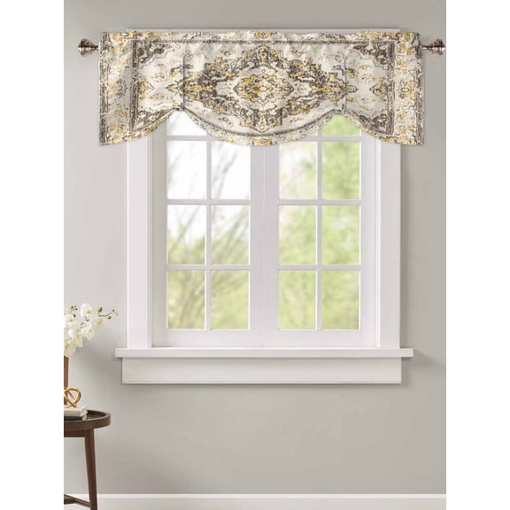 Tie Up Valance Curtain for Kitchen,Bohemian Tribal Abstract Texture Rod Pocket Short Curtains Adjustable Tie-Up Shade Valances,Retro Brown Farmhouse Window Treatment for Bathroom Living Room Bedroom