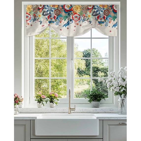 Tie Up Valance Curtain for Kitchen, Bohemian Watercolor Flower on Linen Rod Pocket Short Curtains Adjustable Tie-Up Shade Valances, Vintage Floral Window Treatment for Bathroom Living Room Bedroom