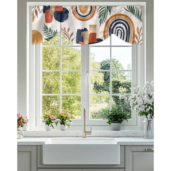 Tie Up Valance Curtain for Kitchen,Boho Arch Sun Tropical Leaves Rod Pocket Short Curtains Adjustable Tie-Up Shade Valances,Terracotta Aesthetic Nordic Style Window Treatment for Bathroom Living Room