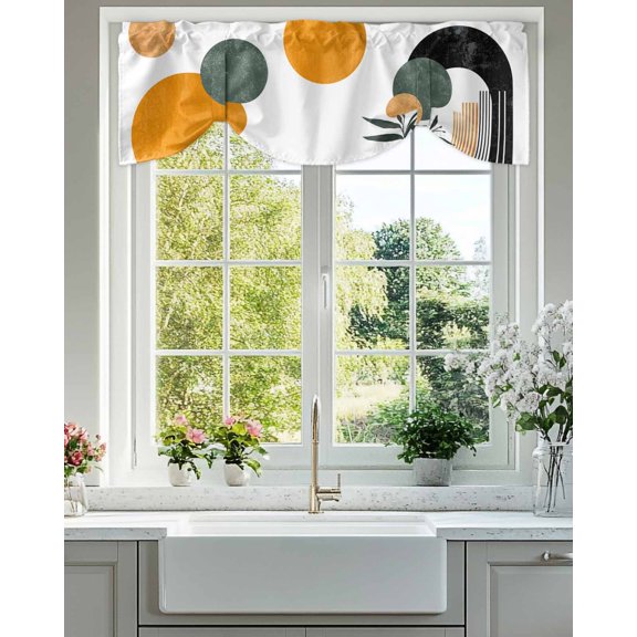Tie Up Valance Curtain for Kitchen,Boho Mid Century Arch Round Rod Pocket Short Curtains Adjustable Tie-Up Shade Valances,Sun Green Leaf Window Treatment for Bathroom Living Room Bedroom