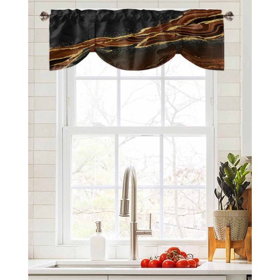 Tie Up Valance Curtain for Kitchen,Brown Gold Marble Texture Rod Pocket Short Curtains Adjustable Tie-Up Shade Valances,Abstract Pattern on Black Window Treatment for Bathroom Living Room Bedroom