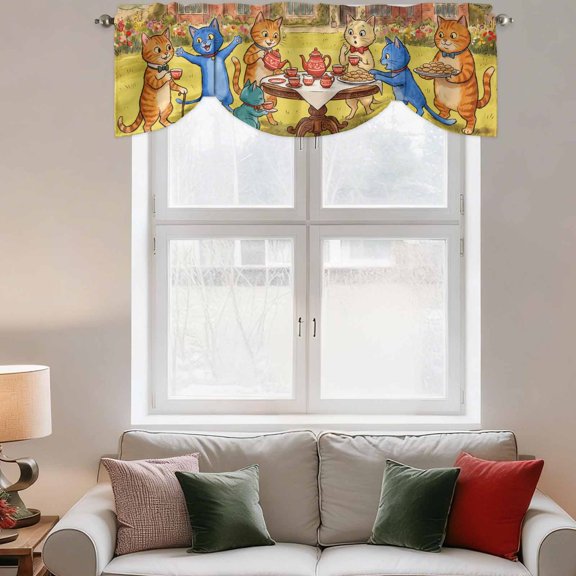 Tie Up Valance Curtain for Kitchen,Cartoon Cats Tea Party Rod Pocket Short Curtains Adjustable Tie-Up Shade Valances,Garden Manor House Window Treatment for Bathroom Living Room Bedroom