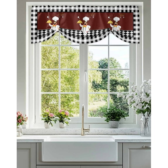 Tie Up Valance Curtain for Kitchen, Cartoon Chef Gourmet on Brown Rod Pocket Short Curtains Adjustable Tie-Up Shade Valances, Black White Checkered Window Treatment for Bathroom Living Room Bedroom
