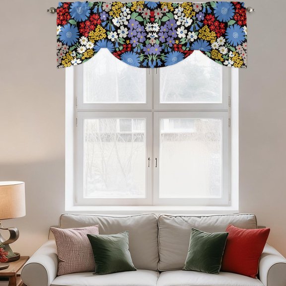 Tie Up Valance Curtain for Kitchen,Cartoon Daisies Sunflowers Rod Pocket Short Curtains Adjustable Tie-Up Shade Valances,White Red Yellow Flowers Window Treatment for Bathroom Living Room Bedroom