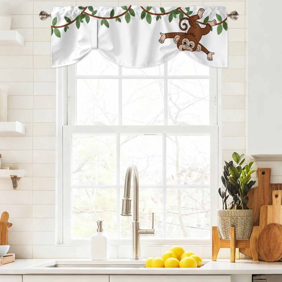 Tie Up Valance Curtain for Kitchen,Cartoon Funny Monkey Green Leaves on White Rod Pocket Short Curtains Adjustable Tie-Up Shade Valances,Country Vine Window Treatment for Bathroom Living Room Bedroom
