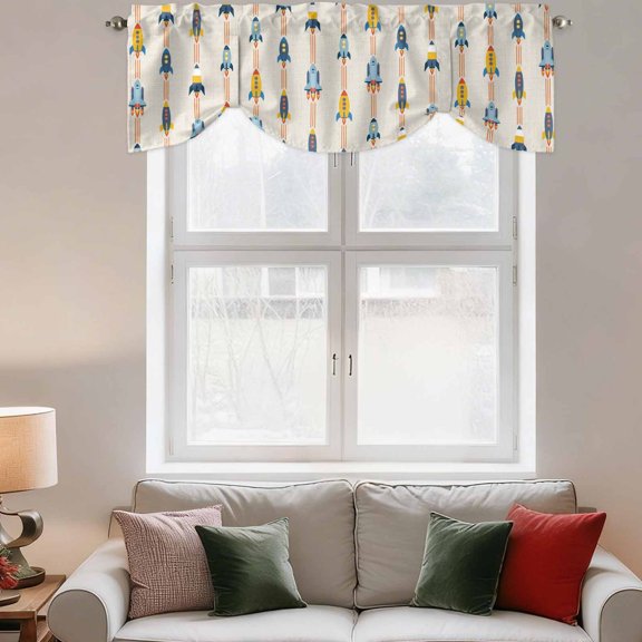 Tie Up Valance Curtain for Kitchen,Cartoon Space Shuttle on Linen Rod Pocket Short Curtains Adjustable Shade Valances,Modern Shuttlecraft Universe Window Treatment for Bathroom Living Room Bedroom
