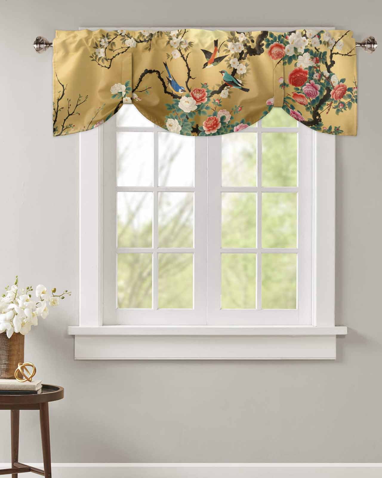 Chinese Pattern Valances Tie Up Valance Curtain for Kitchen, Chinese Style Peony Rose Bird on ...