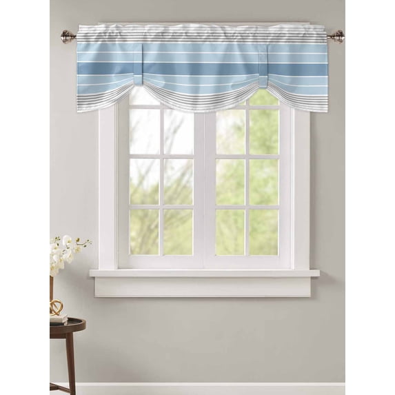 Tie Up Valance Curtain for Kitchen,Classic Gray Blue Stripe Rod Pocket Short Curtains Adjustable Tie-Up Shade Valances,Minimalist Geometric Line Window Treatment for Bathroom Living Room Bedroom