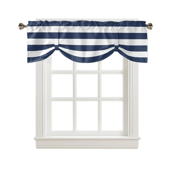 Tie Up Valance Curtain for Kitchen,Classic Navy Blue White Nautical Stripes Rod Pocket Short Curtains Adjustable Tie-Up Shade Valances,Modern Striped Window Treatment for Bathroom Bedroom