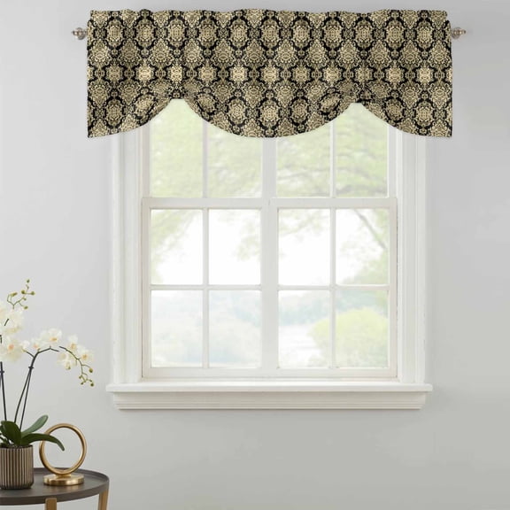Tie Up Valance Curtain for Kitchen, Classical Damask Rod Pocket Short Curtains Adjustable Tie-Up Shade Valances, Retro Boho Vintage Black Gold Floral Window Treatment for Bathroom Living Room Bedroom
