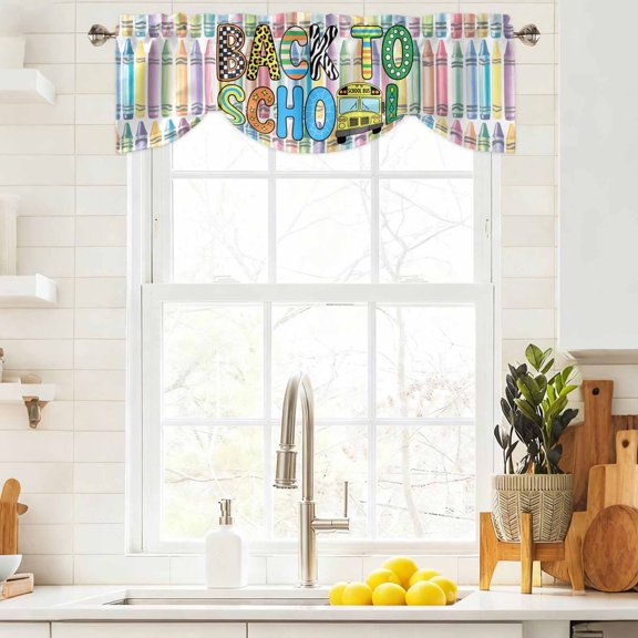 Tie Up Valance Curtain for Kitchen, Colorful Crayon School Bus Rod Pocket Short Curtains Adjustable Tie-Up Shade Valances, Back to School Season Window Treatment for Bathroom Living Room Bedroom