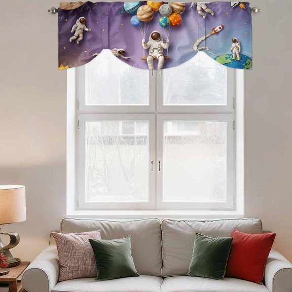 Tie Up Valance Curtain for Kitchen,Cosmonaut Planet Balloon Space Shuttle Rod Pocket Short Curtains Adjustable Shade Valances,Cartoon Outer Space Star Window Treatment for Bathroom Living Room