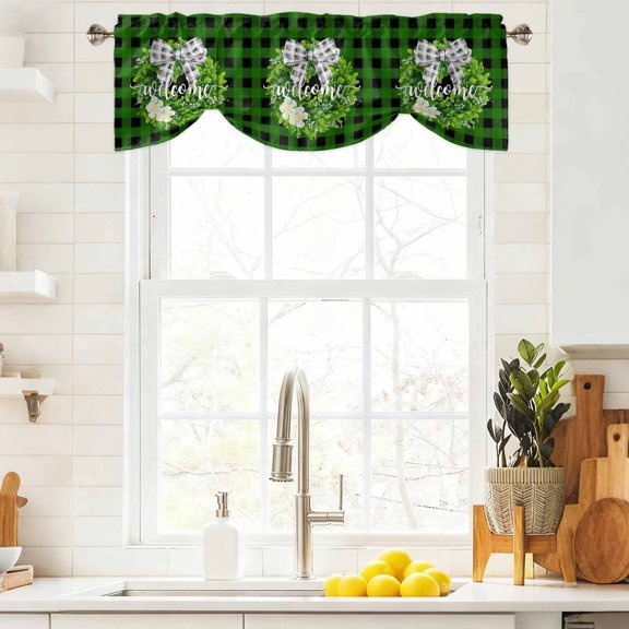 Tie Up Valance Curtain for Kitchen,Country Flower Leaf Bow Rod Pocket Short Curtains Adjustable Tie-Up Shade Valances,Green Black Buffalo Plaid Window Treatment for Bathroom Living Room Bedroom
