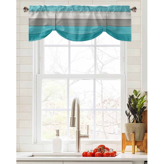 Tie Up Valance Curtain for Kitchen,Country Wood Board Gray Urquoise Rod Pocket Short Curtains Adjustable Tie-Up Shade Valances,Vintage Gradient Plank Window Treatment for Bathroom Living Room Bedroom