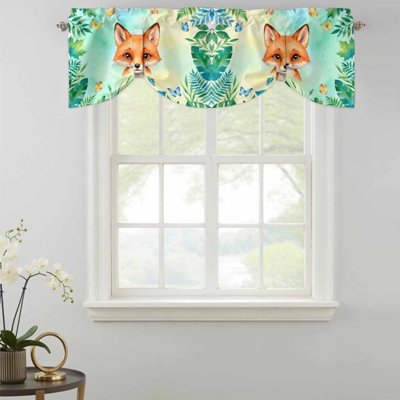 Tie Up Valance Curtain for Kitchen,Cute Cartoon Animal Small Foxes Rod Pocket Short Curtains Adjustable Tie-Up Shade Valances,Tropical Plants Leaves Window Treatment for Bathroom Living Room Bedroom