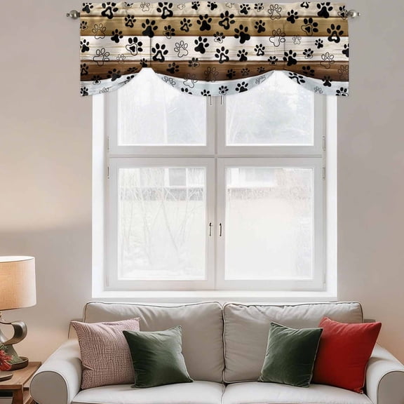 Tie Up Valance Curtain for Kitchen,Cute Dog Paw Print Farm Wood Board Rod Pocket Short Curtains Adjustable Tie-Up Shade Valances,Pet Footprints Shadow Window Treatment for Bathroom Living Room