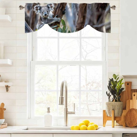 Tie Up Valance Curtain for Kitchen, Cute Koala Animal Rod Pocket Short Curtains Adjustable Tie-Up Shade Valances, Trees Leaves Jungle Window Treatment for Bathroom Living Room Bedroom