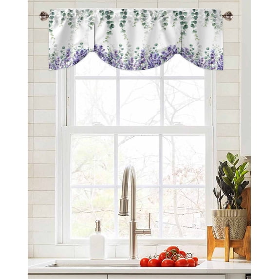 Tie Up Valance Curtain for Kitchen,Eucalyptus Leaves Farm Lavender Rod Pocket Short Curtains Adjustable Tie-Up Shade Valances,Pastoral Gradient Botanical Window Treatment for Bathroom Living Room