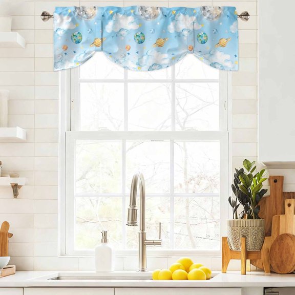 Tie Up Valance Curtain for Kitchen, Fantasy Universe Planet Cloud Rod Pocket Short Curtains Adjustable Tie-Up Shade Valances, Blue and Yellow Stars Window Treatment for Bathroom Living Room Bedroom