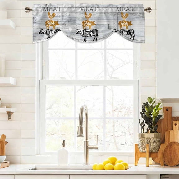 Tie Up Valance Curtain for Kitchen,Farm Animal Meat Rod Pocket Short Curtains Adjustable Tie-Up Shade Valances,Vintage Chicken Pork and Beef on Wood Board Window Treatment for Bathroom Bedroom