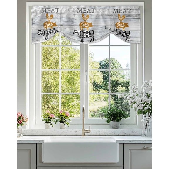 Tie Up Valance Curtain for Kitchen, Farm Animal Meat Rod Pocket Short Curtains Adjustable Tie-Up Shade Valances, Vintage Chicken Pork and Beef on Wood Board Window Treatment for Bedroom 42x12in