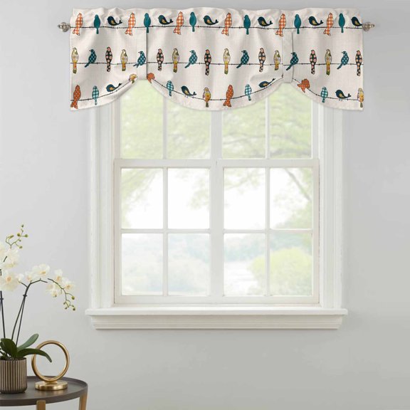 Tie Up Valance Curtain for Kitchen, Farm Funny Buffalo Plaid Birds on Wire Rod Pocket Short Curtains Adjustable Tie-Up Shade Valances, Vintage Linen Window Treatment for Bathroom Living Room Bedroom