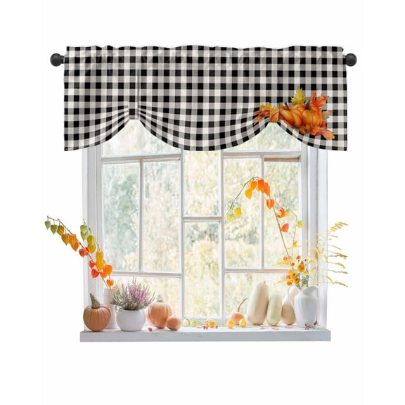 Tie Up Valance Curtain for Kitchen,Farm Harvest Pumpkins Rod Pocket Short Curtains Adjustable Tie-Up Shade Valances,Classic Black White Buffalo Plaid Window Treatment for Bathroom Living Room