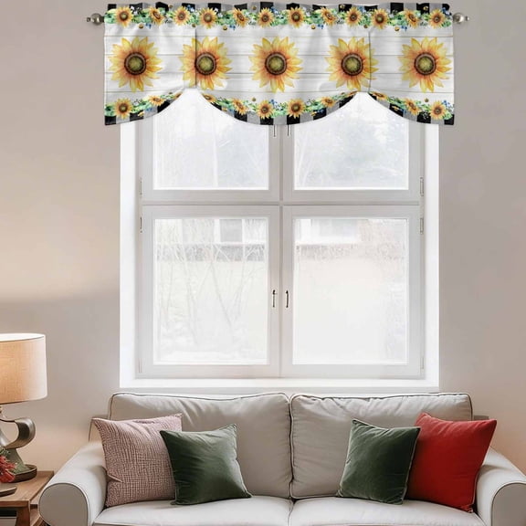 Tie Up Valance Curtain for Kitchen,Farm Watercolor Sunflower Wood Board Rod Pocket Short Curtains Adjustable Tie-Up Shade Valances,Rustic Buffalo Plaid Border Window Treatment for Bathroom Bedroom