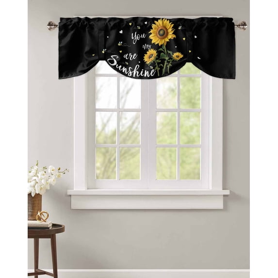 Tie Up Valance Curtain for Kitchen, Farm Yellow Sunflowers Bee on Black Rod Pocket Short Curtains Adjustable Tie-Up Shade Valances, Floral Leaves Window Treatment for Bathroom Living Room Bedroom