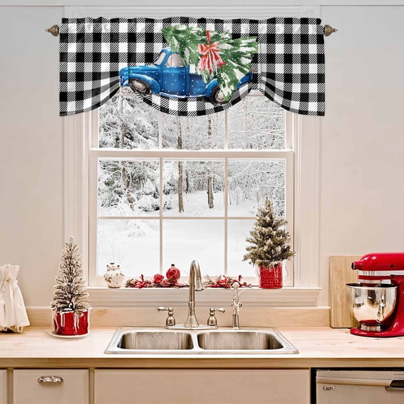 Tie Up Valance Curtain for Kitchen,Farmhouse Blue Truck Rod Pocket Short Curtains Adjustable Tie-Up Shade Valances,Christmas Tree Black White Buffalo Plaid Window Treatment for Bathroom Living Room