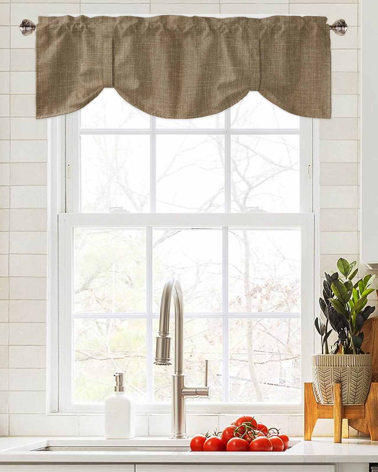 Tie Up Valance Curtain for Kitchen,Farmhouse Brown Rod Pocket Short Curtains Adjustable Tie-Up Shade Valances,Vintage Linen Window Treatment for Bathroom Living Room Bedroom