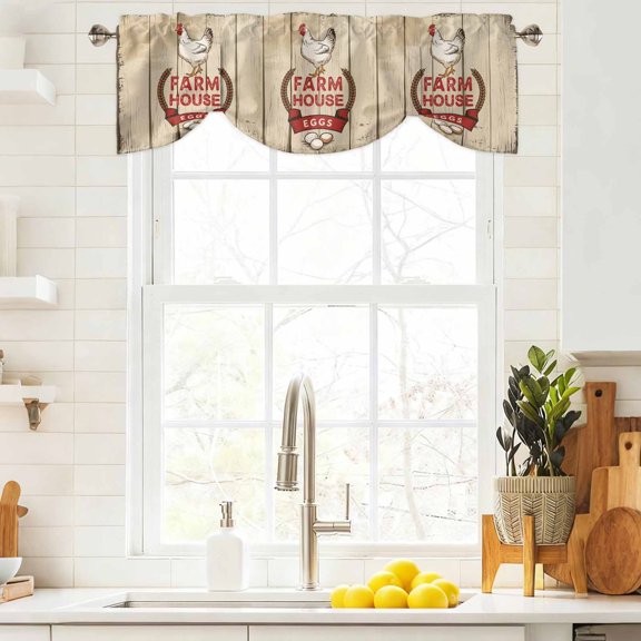 Tie Up Valance Curtain for Kitchen, Farmhouse Country Chicken Eggs Rod Pocket Short Curtains Adjustable Tie-Up Shade Valances, Retro Brown Wood Board Window Treatment for Bathroom Living Room Bedroom